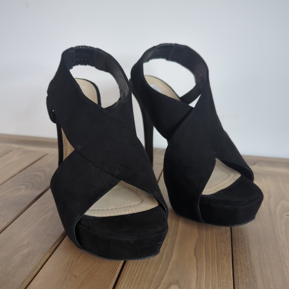 Diane Von Furstenberg Black Suede Open Toe Strappy Sling Back Heels - Picture 2 of 13